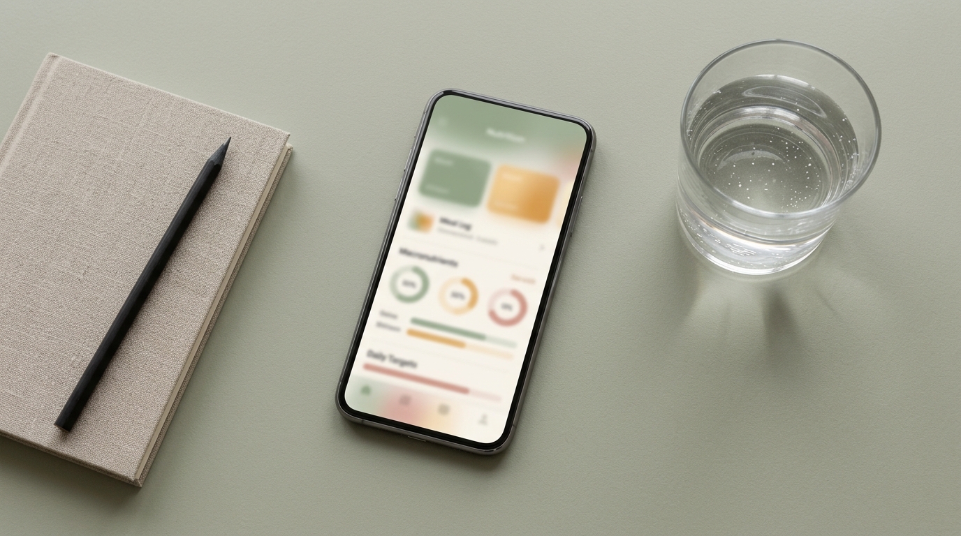 Smartphone mit Nährwert-Tracking-App auf salbeigrüner Oberfläche neben einem Notizbuch und einem Wasserglas