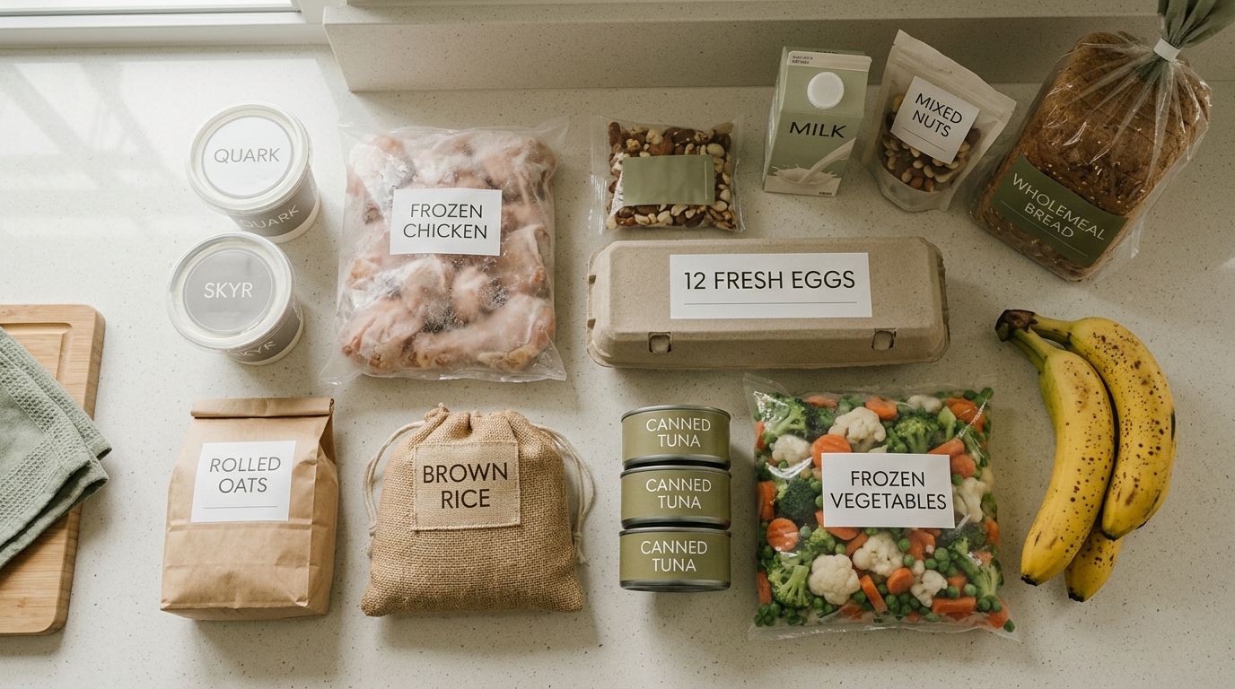 Discounter-Einkauf mit Quark, Skyr, TK-Hähnchen, Eiern, Haferflocken, Reis, Thunfisch und Gemüse von oben fotografiert