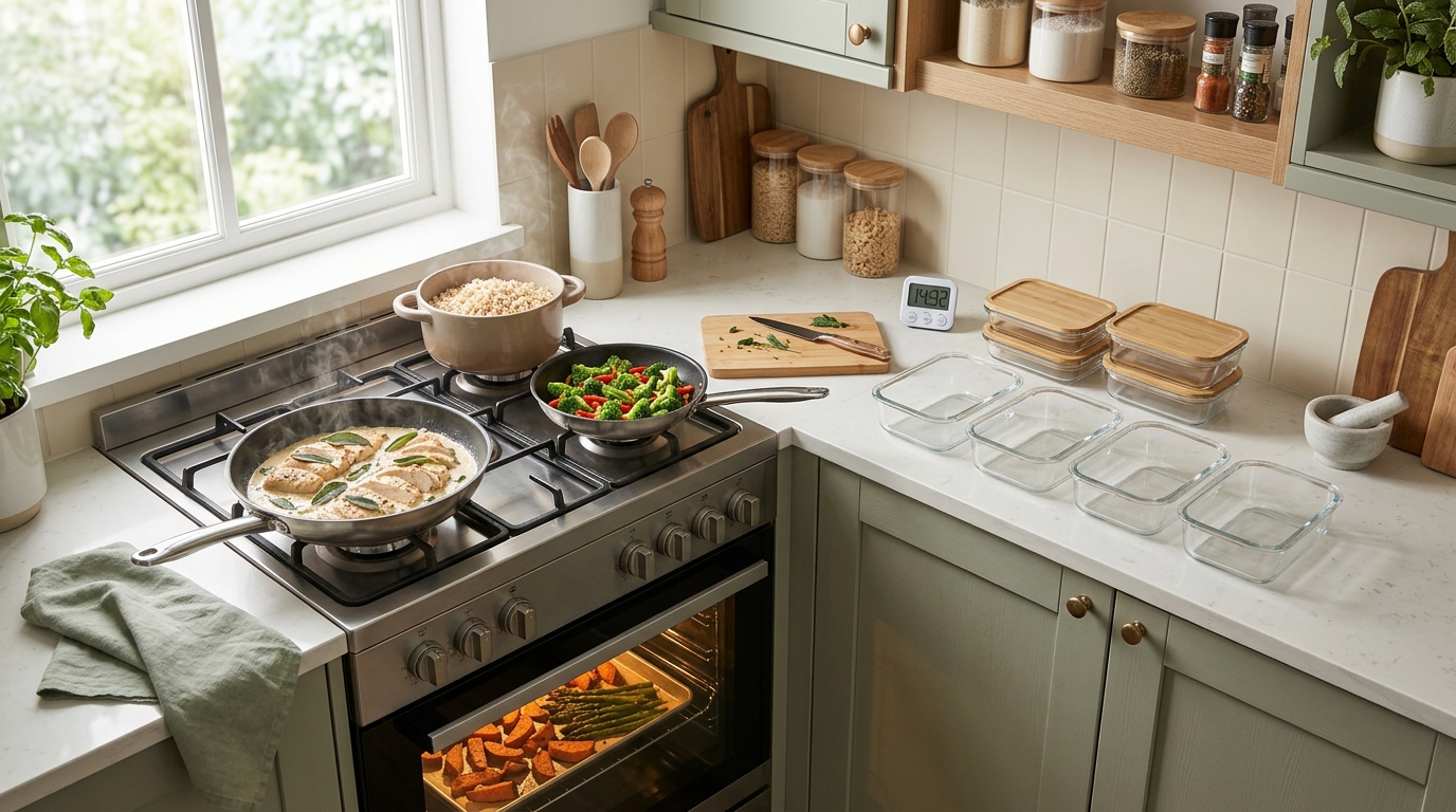 Organisierte Küche während einer Meal-Prep-Session mit zwei Pfannen, einem Reistopf, einem Blech im Ofen und leeren Glasboxen